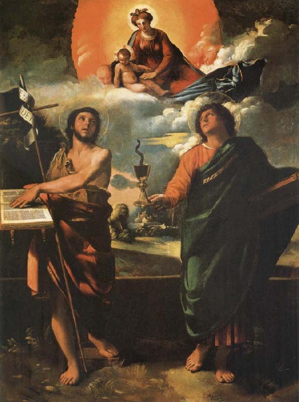 Dosso Dossi The Madonna in the glory with the Holy Juan the Baptist and Juan the Evangelist oil painting picture